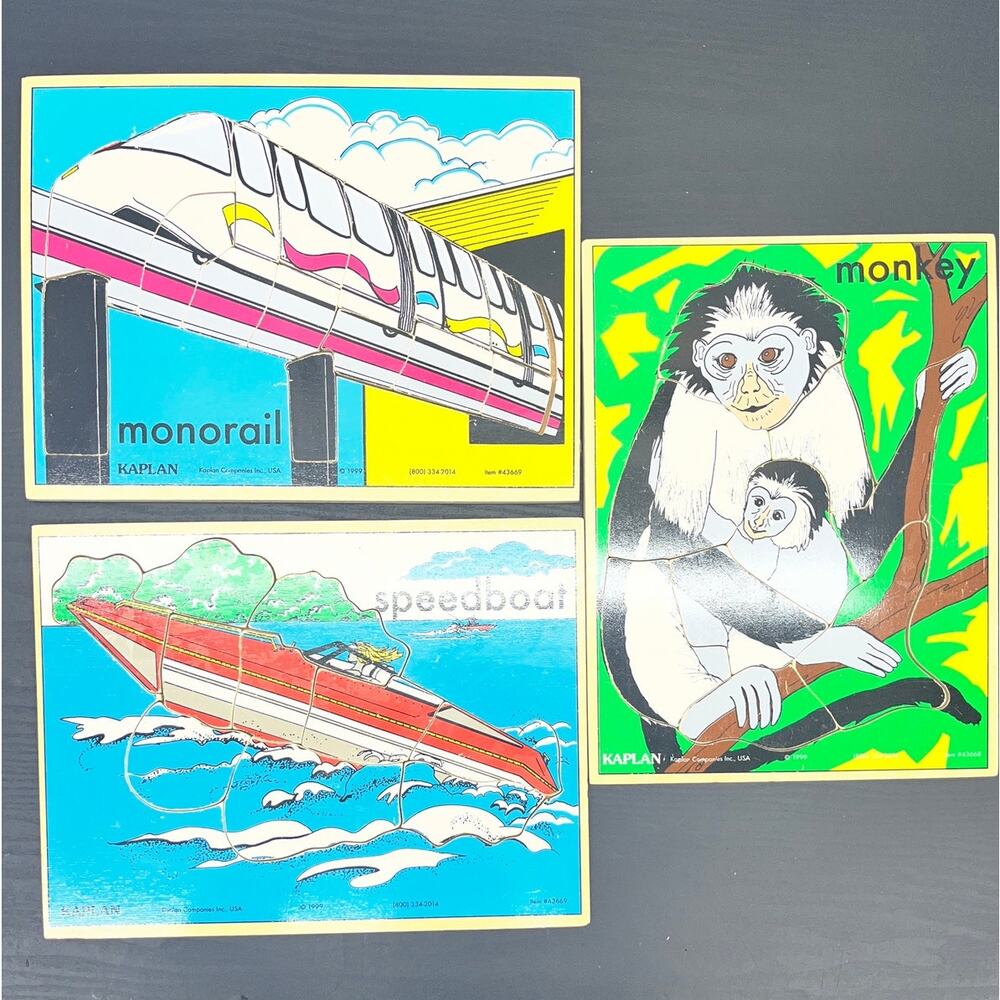 Lot of 3 Vintage Wooden Puzzles Monkey Speedboat & Monorail Kaplan 1999